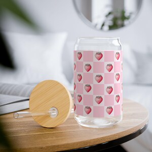 Strawberry Checkered Glass Can Tumbler with Bamboo Lid & Straw | Aesthetic Iced Coffee Cup