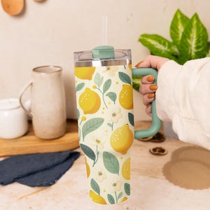 Lemon Blossom 40 oz Tumbler: Floral Citrus Insulated Cup with Handle