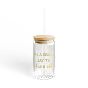 Book lover, Reading lover,  glass cup, 16oz, Iced Coffee Tumbler with Bamboo Lid & Straw, Aesthetic Book Lover Gift