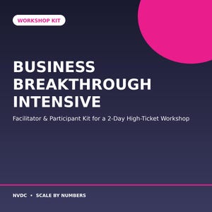 May include: A dark blue digital graphic with a pink circle in the top right corner. The text reads: WORKSHOP KIT, BUSINESS BREAKTHROUGH INTENSIVE, Facilitator & Participant Kit for a 2-Day High-Ticket Workshop, NVDC • SCALE BY NUMBERS, with a pink line.
