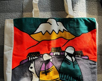 Ecuadorian Embroidered Cotton Tote Bag- Neon Orange/ Indigenous People, Alpaca and Mountain