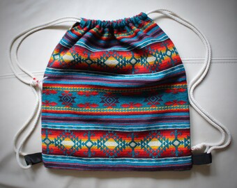 Turquoise/Orange Alpaca Ecuadorian Tote-bag (w/ Drawstring)
