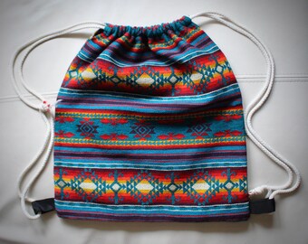 Turquoise/Orange Alpaca Ecuadorian Tote-bag (w/ Drawstring)