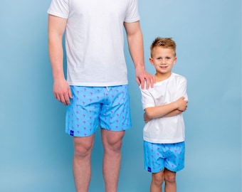 Captain & Cub Father Son Neon Flamingo Print Matching Swimsuits