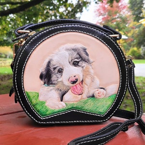 Portrait d'animal de compagnie personnalisé en cuir 3D sculpté et peint, sac à main personnalisé, sac à main peint à la main pour les amateurs d'animaux de compagnie
