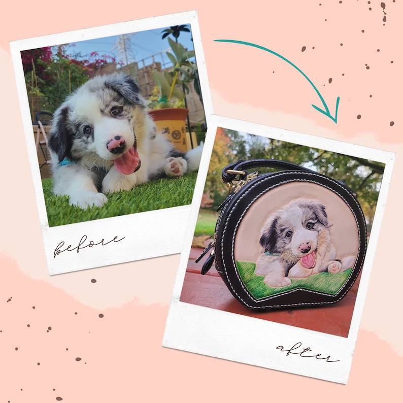 Custom Pet Portrait 3D Leather Carved and Painted Bag, Personalized Handbag, Hand Painted Purse for Pet Lovers image 2