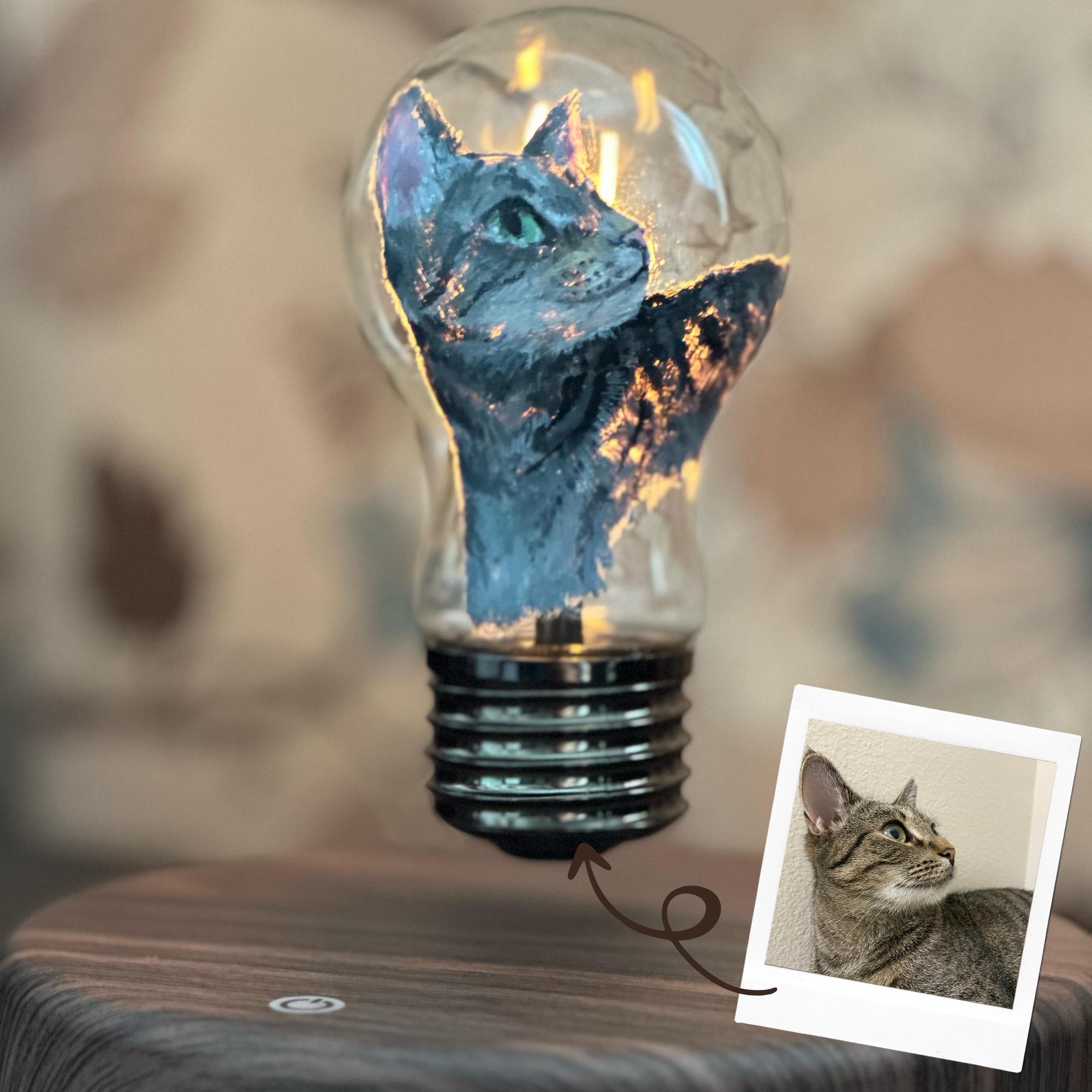 Hand-Painted Floating Light Bulb with Custom Pet Portrait | Magnetic Levitation LED Night Light | Personalized Pet Gifts