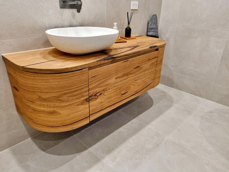 Curved Vanity Bathroom Made in Tasmania Bespoke Timber Furniture Australian Made Wall