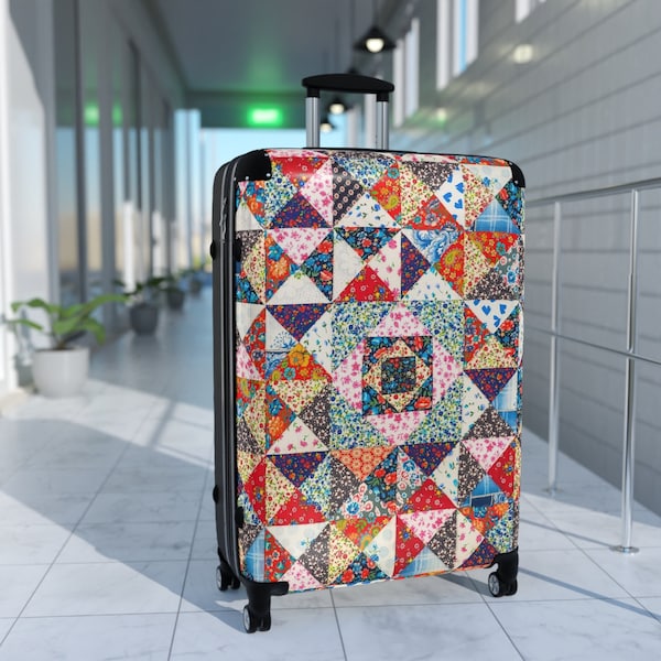 Patchwork Quilt Pattern Hard Case with Wheels for Grandma, Mom and Quilting Enthusiasts, Gift for Her, Crafting Travel Bag