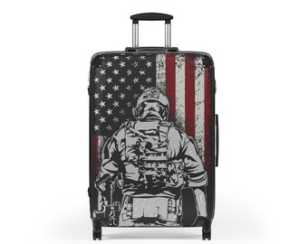 Proud Veteran Travel Suitcase with American Flag Background, Military Travel Bag, Carry On for Veterans, Proud American Suitcase