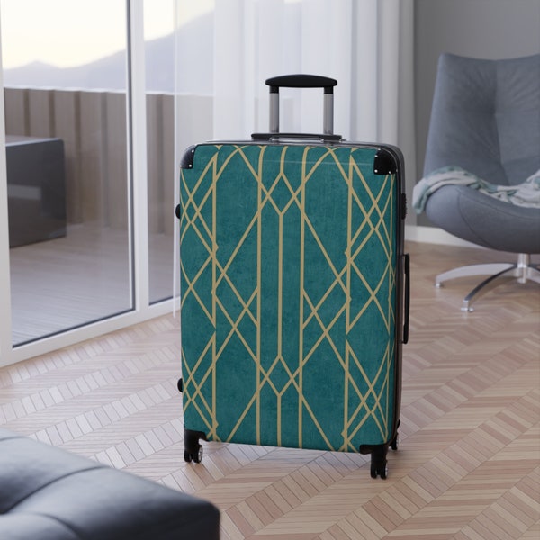 Modern Gatsby-Themed Luggage with Wheels, Gift for Wanderlust Travelers, Geometric Line Art Hard Shell Travel Bag, Art Deco Suitcase