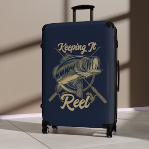 Vissersbagage met wielen voor vaders, cadeau voor hem, reiskoffer met grote mond en bas aan de voorkant, Gone Fishin'