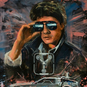 May include: A painting of a man wearing sunglasses and a leather jacket, with a DeLorean time machine in the background. The painting is done in a stylized, abstract style with splashes of color.