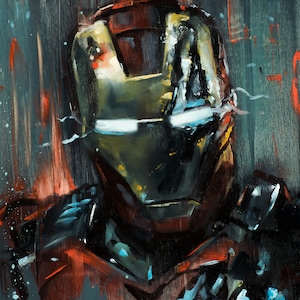 May include: A painting of Iron Man's face in a red, yellow, and black suit. The painting is done in a loose, expressive style with visible brushstrokes.
