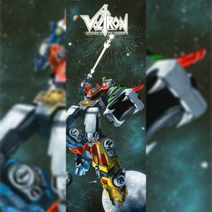 May include: A colorful illustration of Voltron, Defender of the Universe, a robot made up of five lions, in space. The robot is holding a sword and is surrounded by stars and a planet.