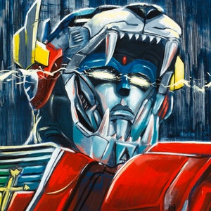 May include: A vibrant painting of a robot's head, featuring a lion-like design with sharp teeth and a metallic appearance. The robot's head is primarily red, blue, and silver, with yellow accents. The background is a dark blue with white streaks.