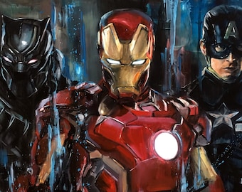 May include: A painting of three superheroes: Black Panther, Iron Man, and Captain America. Black Panther is on the left, Iron Man is in the center, and Captain America is on the right. The background is a blue and gray abstract design.