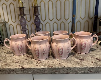 6 pcs Vintage Pink Porcelains Czech H&C Rosa Hand Painted Mugs With 24K Gold Accent.