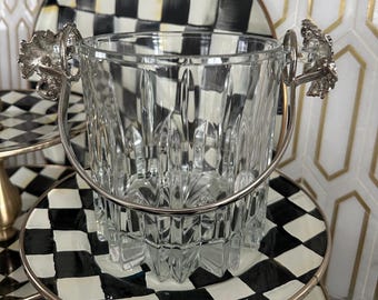 Vintage 1950S Italian Crystal Ice Bucket With Silver Grape Cluster Handle - Elegant Silver Barware