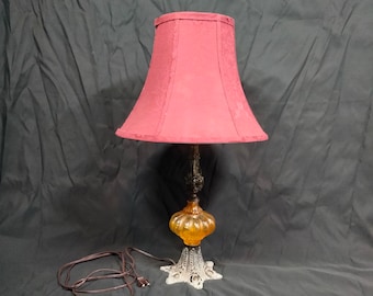 Vintage mixed media central glass amber font table lamp and damask fabric violet shade