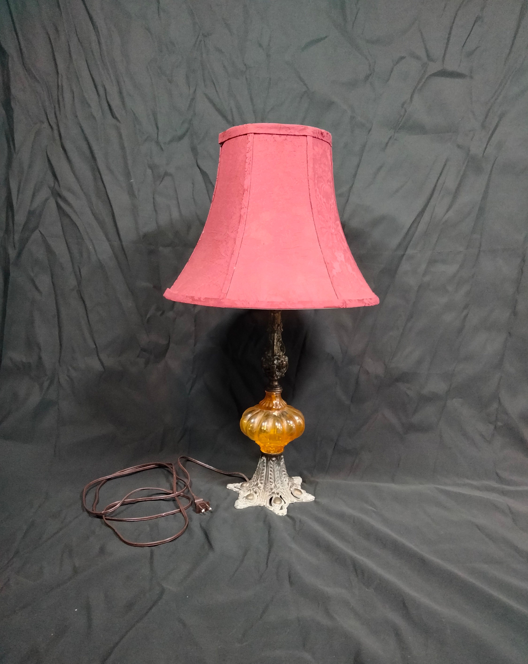 Vintage Mixed Media Central Glass Amber Font Table Lamp and Damask