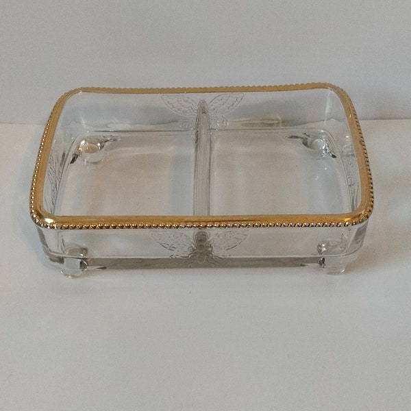 Vintage Raised Butterflies Footed Glass Trinket/Jewelry Box with 2 Section Divider