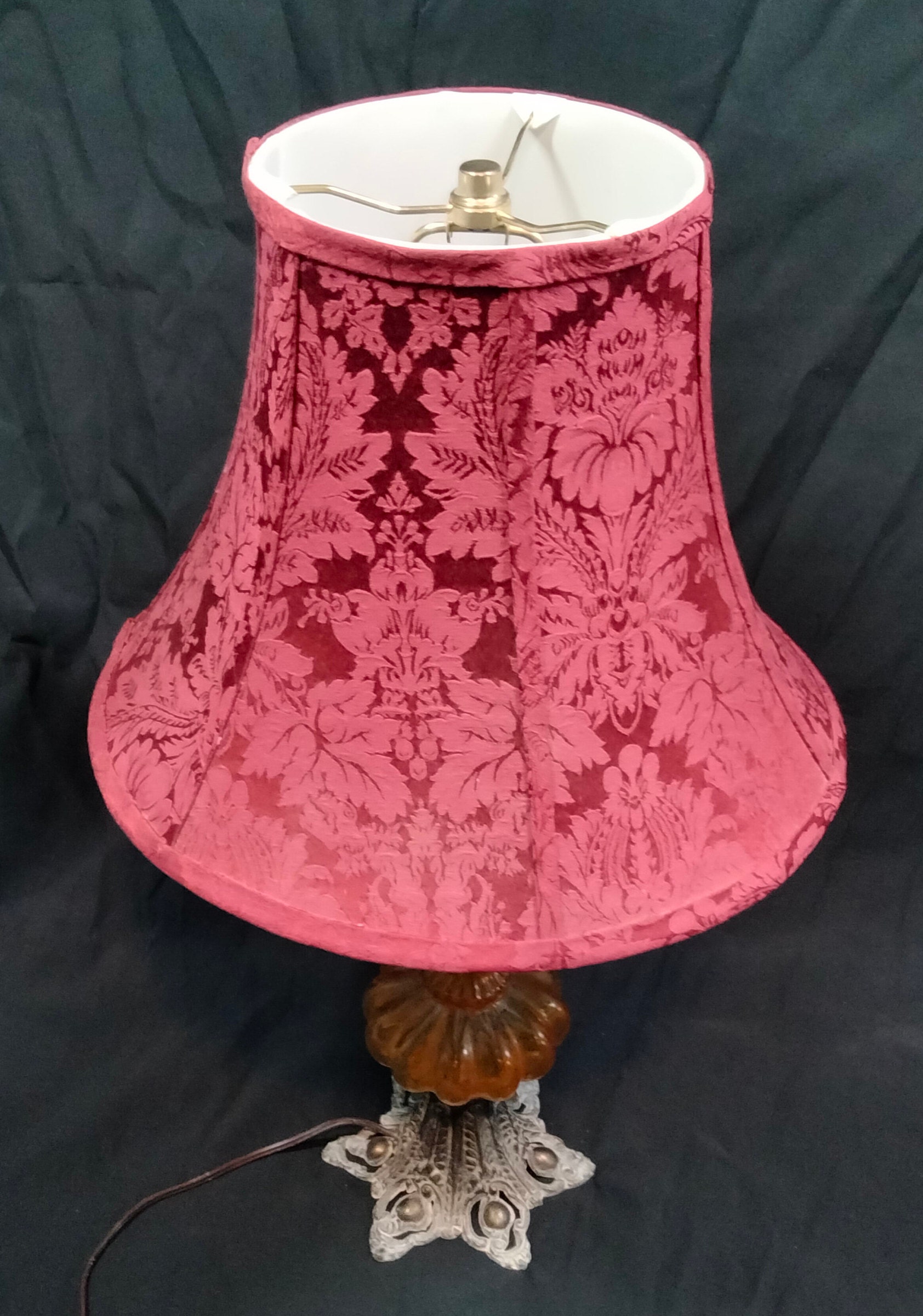Vintage Mixed Media Central Glass Amber Font Table Lamp and Damask