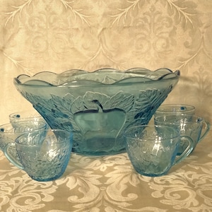 Vintage Blue KIG Indonesia Punch Bowl Set with 6 Cups Fruit Design
