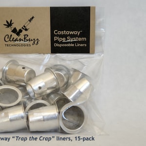 May include: A bag of 15 silver metal pipe liners, labeled "CleanBuzz CastAway "Trap the Crap" liners, 15-pack". The bag also has a label that says "Castaway Pipe System Disposable Liners" and a logo for CleanBuzz Technologies.