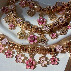Gold Charm Bracelet, Pink Flower Heart Charms, Enamel Beads, Adjustable Length