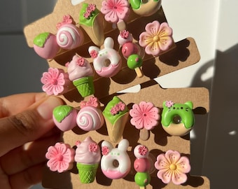 Shoe Charm Set | Kawaii Sakura Cherry Blossom, Dessert Food Charms, Matcha Dango Ice Cream, Bunny Cat Clog Accessories