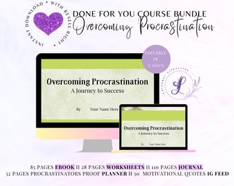 May include: A digital product bundle for overcoming procrastination, featuring a purple heart graphic and the text "Overcoming Procrastination: A Journey to Success". The bundle includes an ebook, worksheets, a journal, a planner, and motivational quotes. The text "DONE FOR YOU COURSE BUNDLE" is also visible.