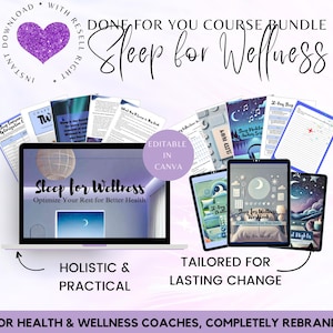 Op de afbeelding: Een digitale productbundel voor gezondheids- en welzijnscoaches, getiteld "Sleep for Wellness". De bundel bevat een cursus, werkbladen en sjablonen, die allemaal bewerkbaar zijn in Canva. De afbeelding toont een laptopscherm waarop de cursustitel wordt weergegeven, samen met verschillende andere digitale documenten.