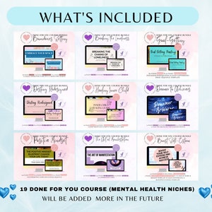 Op de afbeelding: Een collage van 19 digitale cursusbundels voor mentale gezondheidsniches. Elke bundel bevat een computerscherm met een cursustitel en een roze harticoon. De tekst "19 DONE FOR YOU COURSE (MENTAL HEALTH NICHES) WILL BE ADDED MORE IN THE FUTURE" staat onderaan de collage.