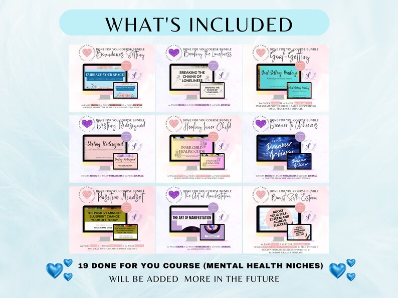 Op de afbeelding: Een collage van 19 digitale cursusbundels voor mentale gezondheidsniches. Elke bundel bevat een computerscherm met een cursustitel en een roze harticoon. De tekst "19 DONE FOR YOU COURSE (MENTAL HEALTH NICHES) WILL BE ADDED MORE IN THE FUTURE" staat onderaan de collage.