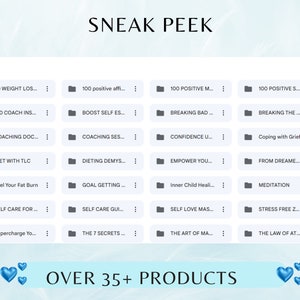 Op de afbeelding: Een screenshot van een computerscherm met een lijst van mappen met titels die betrekking hebben op zelfhulp en persoonlijke ontwikkeling. De tekst "SNEAK PEEK" staat bovenaan het scherm. De tekst "OVER 35+ PRODUCTS" staat onderaan het scherm.