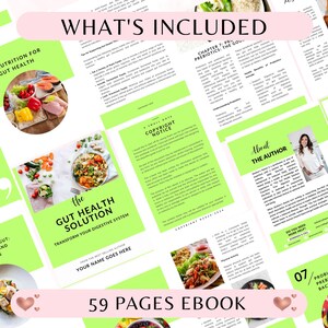 K&ouml;nnte beinhalten: Ein gr&uuml;nes und pinkfarbenes E-Book-Cover mit dem Titel "The Gut Health Solution: Transform Your Digestive System". Das Cover zeigt verschiedene Bilder von gesunden Lebensmitteln und den Text "59 Pages Ebook".