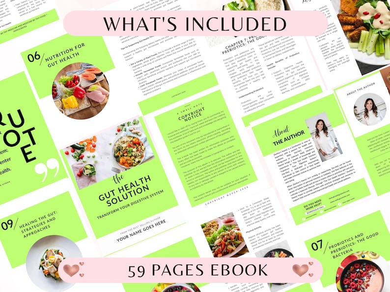 K&ouml;nnte beinhalten: Ein gr&uuml;nes und pinkfarbenes E-Book-Cover mit dem Titel "The Gut Health Solution: Transform Your Digestive System". Das Cover zeigt verschiedene Bilder von gesunden Lebensmitteln und den Text "59 Pages Ebook".
