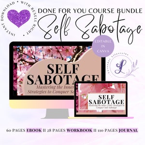 Può includere: Un pacchetto di prodotti digitali sul sabotaggio di sé, con uno sfondo floreale rosa e bianco e il testo "Self Sabotage" in bianco e nero. Il pacchetto include un ebook di 60 pagine, un quaderno di lavoro di 28 pagine e un diario di 110 pagine.
