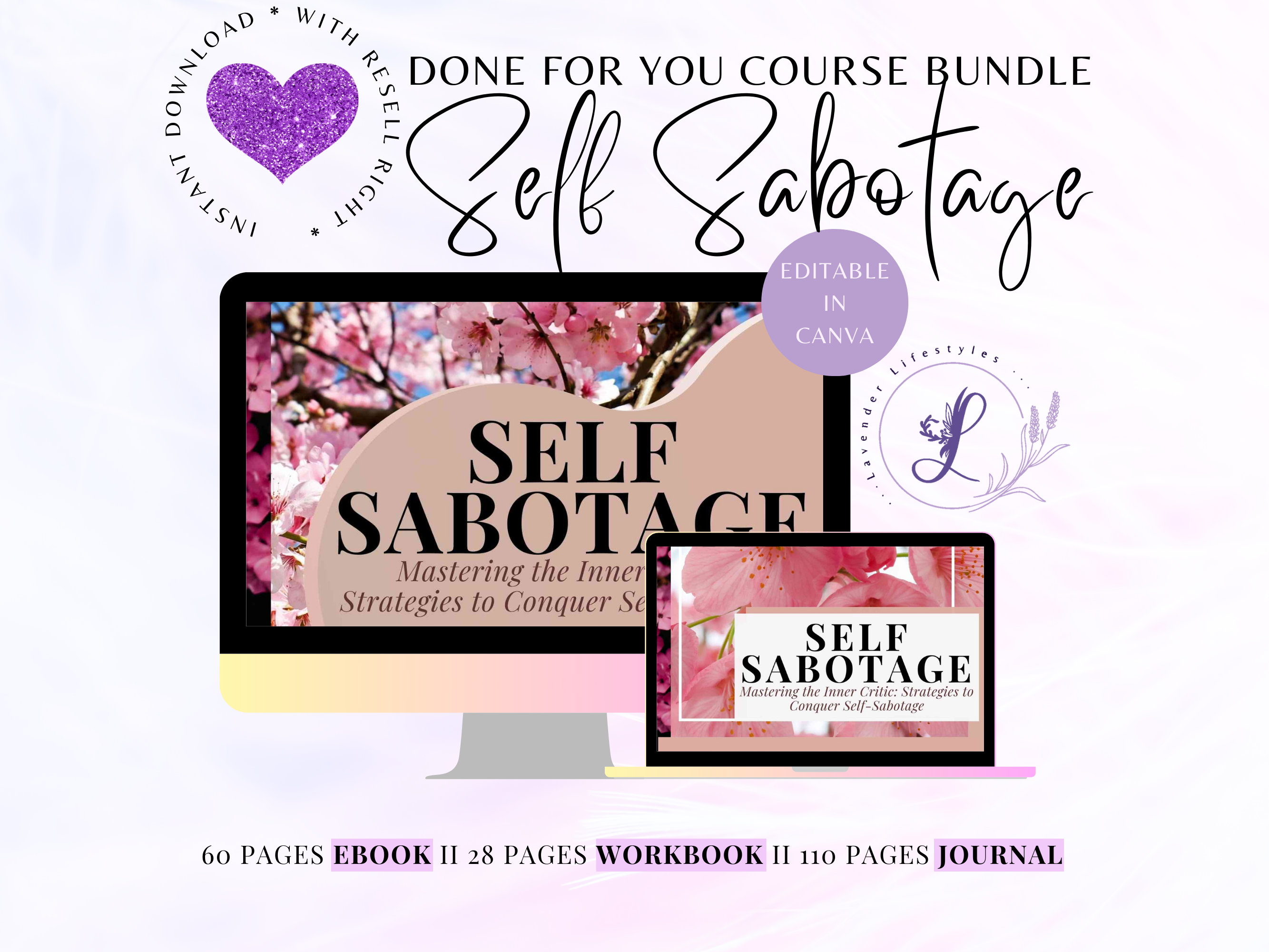 PLR Life Coaching Program Self Sabotage Done for You Course Ebook and Workbook with Editable Template Canva for Life and Success Coach