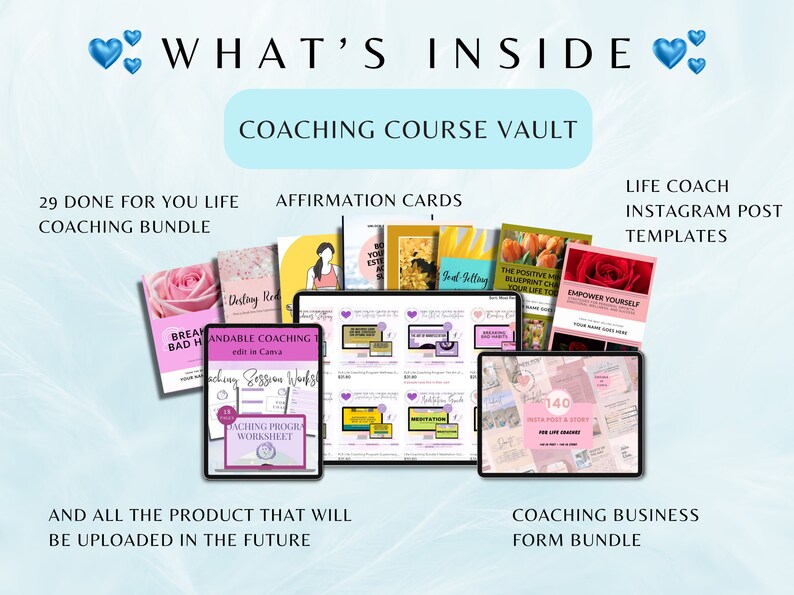 Op de afbeelding: Een digitale coachingcursuskluis met een roze en blauwe kleurstelling. De kluis bevat 29 kant-en-klare life coachingbundels, bevestigingskaarten, Instagram-posttemplates voor life coaches en een coaching-businessformulierbundel. De tekst "WHAT'S INSIDE" en "COACHING COURSE VAULT" wordt bovenaan de afbeelding weergegeven.