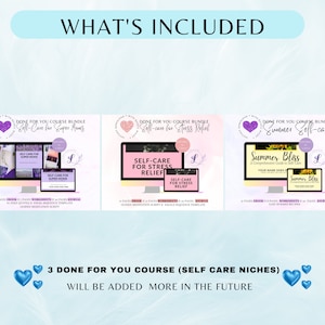 Op de afbeelding: Drie digitale cursusbundels voor zelfzorg, elk met een roze en paarse kleurschema. De titels zijn "Self-Care for Super Moms", "Self-Care for Stress Relief" en "Summer Self-Care". De tekst "3 Done for You Course (Self Care Niches) Will Be Added More in the Future" staat onder de bundels.