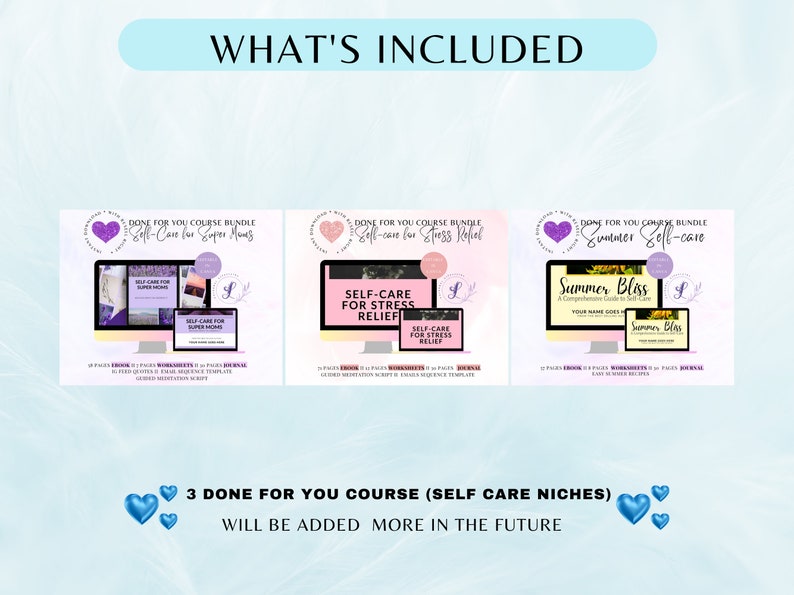Op de afbeelding: Drie digitale cursusbundels voor zelfzorg, elk met een roze en paarse kleurschema. De titels zijn "Self-Care for Super Moms", "Self-Care for Stress Relief" en "Summer Self-Care". De tekst "3 Done for You Course (Self Care Niches) Will Be Added More in the Future" staat onder de bundels.