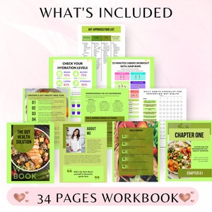 K&ouml;nnte beinhalten: Ein gr&uuml;nes und wei&szlig;es Arbeitsbuch mit dem Titel "The Gut Health Solution" und dem Text "34 Pages Workbook". Das Arbeitsbuch enth&auml;lt eine Lebensmittel-Liste, eine Tabelle mit den Hydratationsstufen, einen Trainingsplan und eine t&auml;gliche Checkliste f&uuml;r Gewohnheiten.