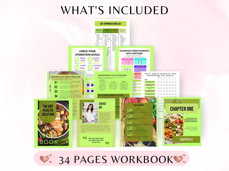 K&ouml;nnte beinhalten: Ein gr&uuml;nes und wei&szlig;es Arbeitsbuch mit dem Titel "The Gut Health Solution" und dem Text "34 Pages Workbook". Das Arbeitsbuch enth&auml;lt eine Lebensmittel-Liste, eine Tabelle mit den Hydratationsstufen, einen Trainingsplan und eine t&auml;gliche Checkliste f&uuml;r Gewohnheiten.