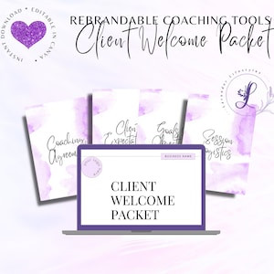 Puede incluir: Una descarga digital de un paquete de bienvenida para clientes para entrenadores. El paquete incluye un acuerdo de entrenamiento, expectativas del cliente, una lista de verificación de objetivos y la logística de las sesiones. El paquete está diseñado con un fondo de acuarela púrpura y un logotipo de corazón púrpura.