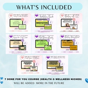 Op de afbeelding: Een collage van zeven digitale productmockups, elk met een ander gezondheids- en welzijnscursuspakket. De titels zijn "Weight Loss Revolution", "Meditation Guide", "Dieting with TLC", "Yoga for First Timers", "Get Dream Body", "Dieting Demystified" en "The Wellness Guide for You". De tekst "7 DONE FOR YOU COURSE (HEALTH & WELLNESS NICHES) WILL BE ADDED MORE IN THE FUTURE" wordt onderaan de afbeelding weergegeven.