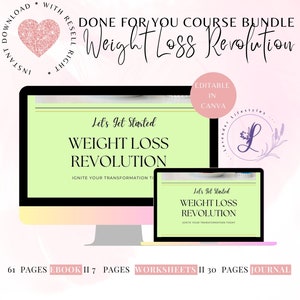 May include: A digital product bundle for weight loss, titled "Weight Loss Revolution". The bundle includes an ebook, worksheets, and a journal. The image shows a computer screen with a green background and the title "Weight Loss Revolution" in black text. The image also shows a smaller screen with the same title. The text "61 pages ebook II 7 pages worksheets II 30 pages journal" is at the bottom of the image.
