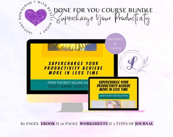Pode incluir: Um ecrã de computador a mostrar um pacote de cursos intitulado "Supercharge Your Productivity" com um fundo amarelo e o texto "From the best selling author, your name goes here". O pacote de cursos inclui um ebook de 80 páginas, 10 páginas de folhas de trabalho e 3 tipos de diários.