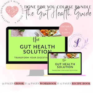 Peut inclure: Un ensemble de produits numériques pour la santé intestinale, avec un design vert et blanc et le texte "The Gut Health Solution: Transform Your Digestive System". L'ensemble comprend un livre électronique de 59 pages, un cahier d'exercices de 34 pages et un livre de recettes de 15 pages.